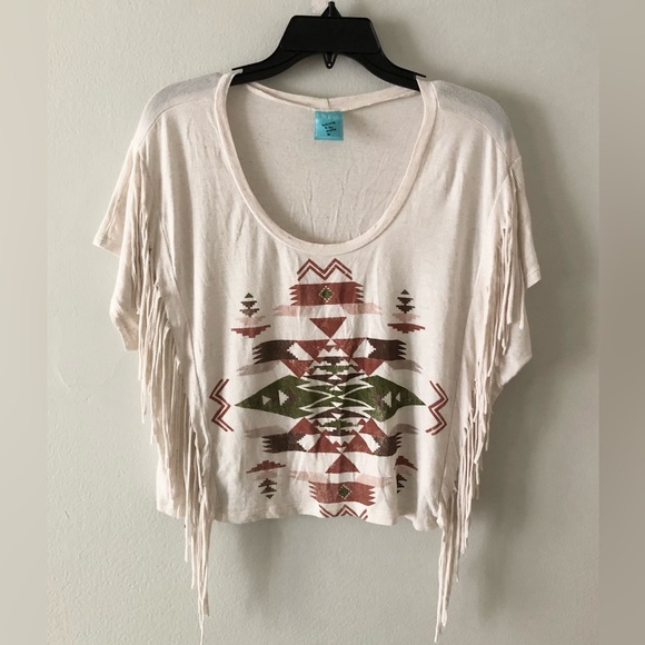 h.i.p. Tops - H.I.P. Boho Fringe Graphic Crop Top
